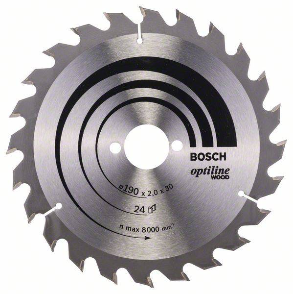 Metal circular saw blade with 24 teeth, suitable for wood, marked with 'Bosch optiline wood', maximum 8000 rpm.