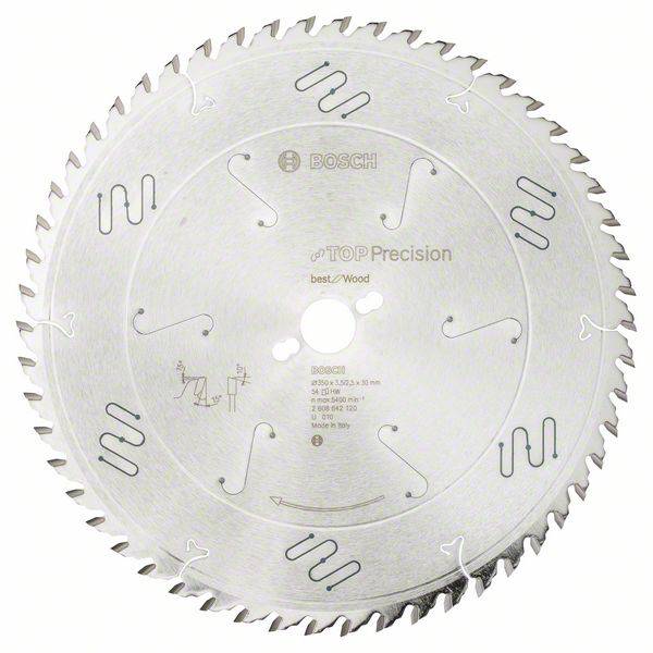 Bosch circular saw blade with the inscription 'Top Precision' and 'Best for Wood', suitable for wood cutting.
