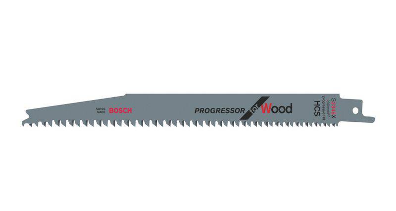 Bosch 'Progressor for Wood' reciprocating saw blade, grey in colour, with serrated edge, suitable for wood cutting.