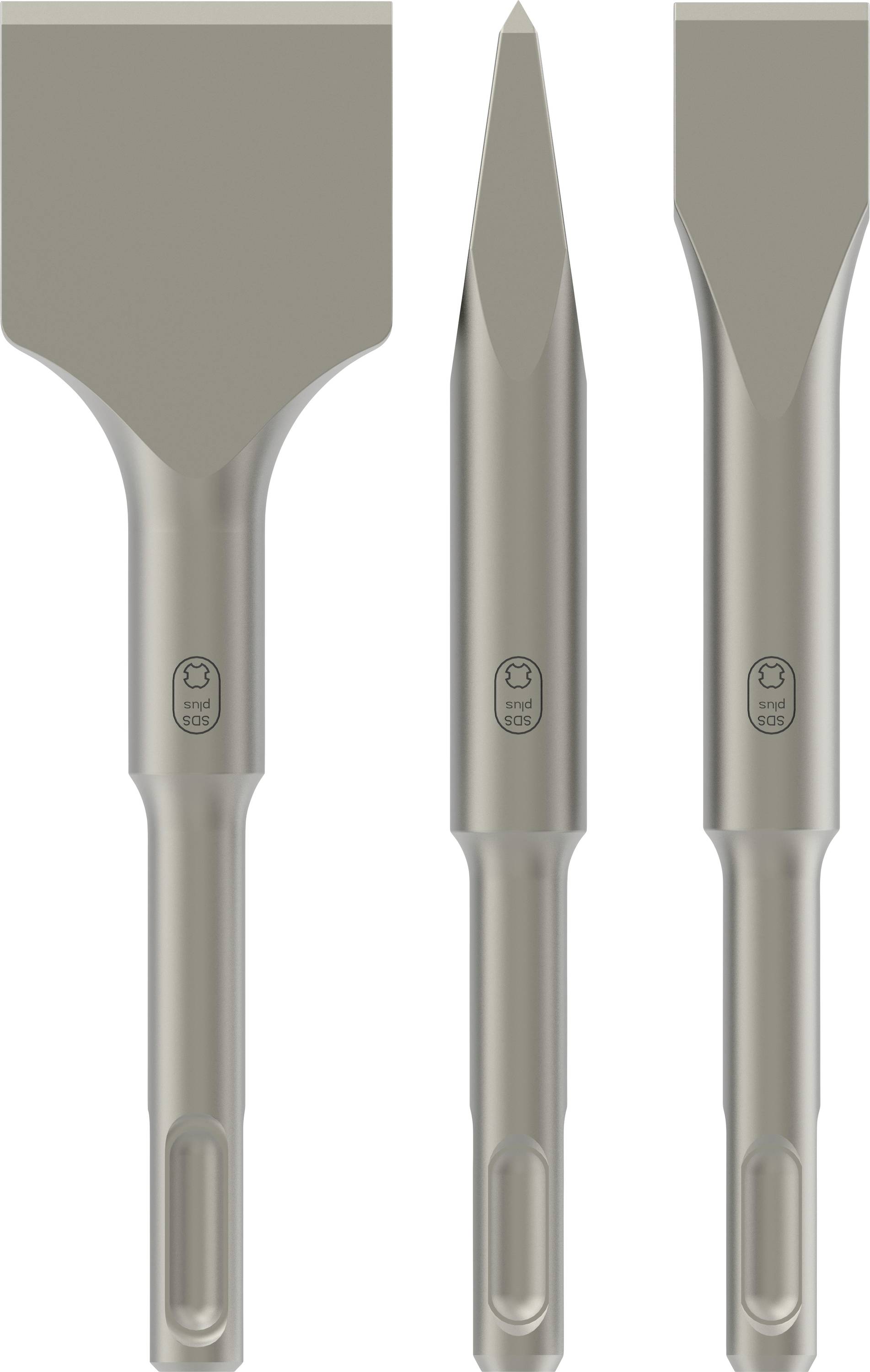 Three metal chisels of different shapes: Flat chisel, pointed chisel and additional tools, suitable for stone working.