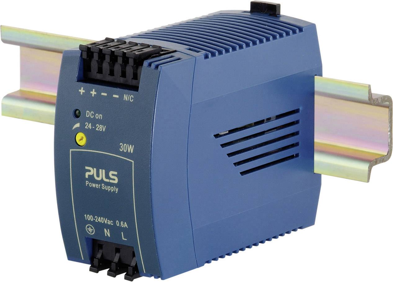 A blue power supply unit by PULS for DIN rail mounting, showing input connections and LED indicators.