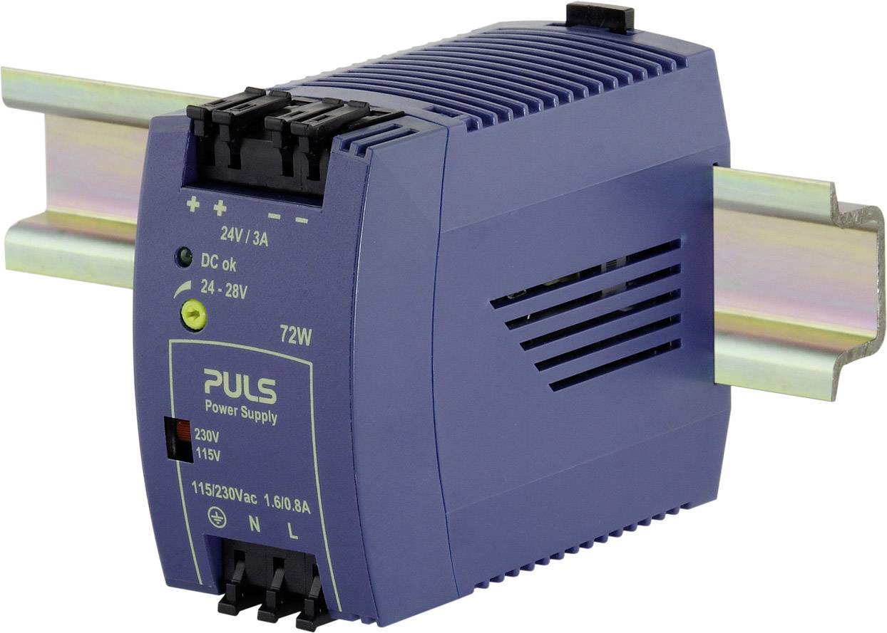 Industrial power supply with blue housing colour, mounted on a DIN rail. Displays input and output voltages.