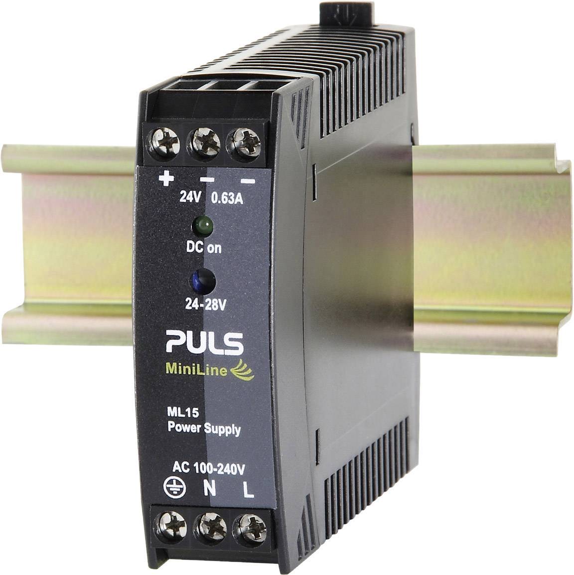 'PULS MiniLine ML15' power supply mounted on DIN rail. Specifications: Output 24V, 0.63A; Input range AC 100-240V. Voltage and current indicators displayed.