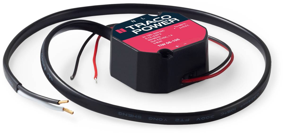 TRACO Power Module with Cables, Type THN 20-2423. Electronic Component for Power Supply, Black Housing, Red Top Surface with White Specifications.