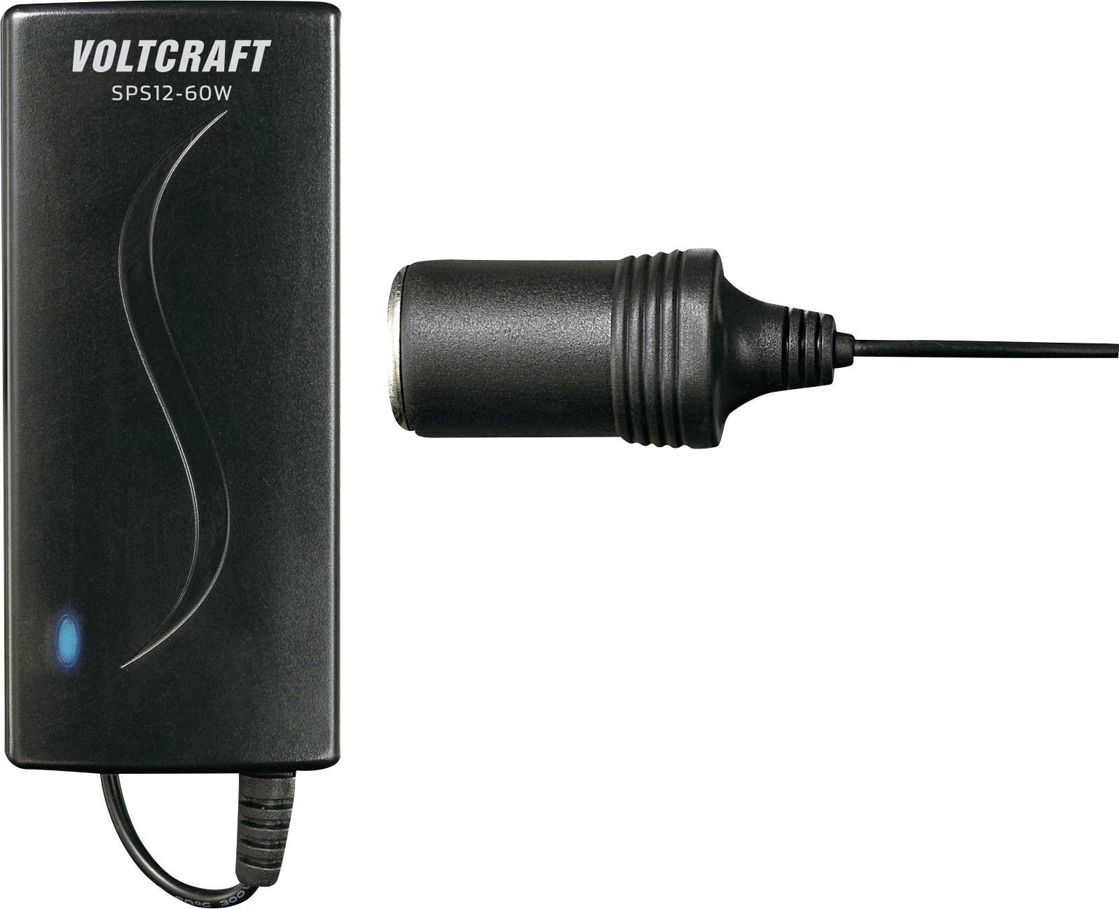 Black Voltcraft power supply SPS12-60W with illuminated blue indicator, connected cable with cylindrical plug.