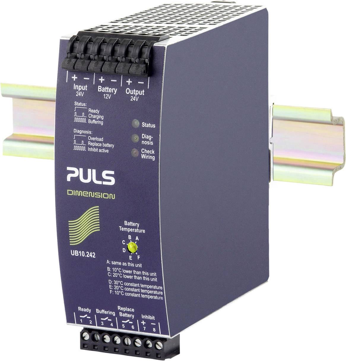 Power supply mounted on DIN rail. Label showing 'PULS DIMENSION' with input and output voltage specifications.