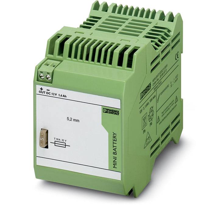 Green, rectangular battery device with white labelling, suitable for 12V outputs. Product by Phoenix Contact.
