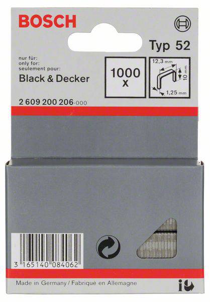 'Bosch Type 52' Staple Pack: 1000 Pieces, Compatible with 'Black & Decker'. Staple Dimensions: 12.3 mm x 1.25 mm. Made in Germany.