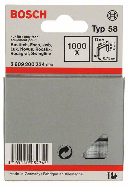 Bosch Staples Type 58, Pack of 1000, Suitable for Bostitch, Esco and Other Brands. Thickness: 0.75 mm, Leg Length: 13 mm. Made in Germany.