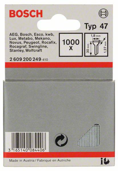 Packaging of Bosch Staples Type 47, suitable for various brands. Contains 1000 pieces, dimensions: 1.8 mm width, 12.77 mm length.