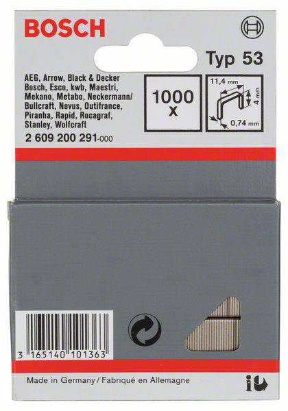 'Bosch Staples Type 53', suitable for various brands, 11.4 mm width, 0.74 mm wire thickness, pack of 1000. Made in Germany.