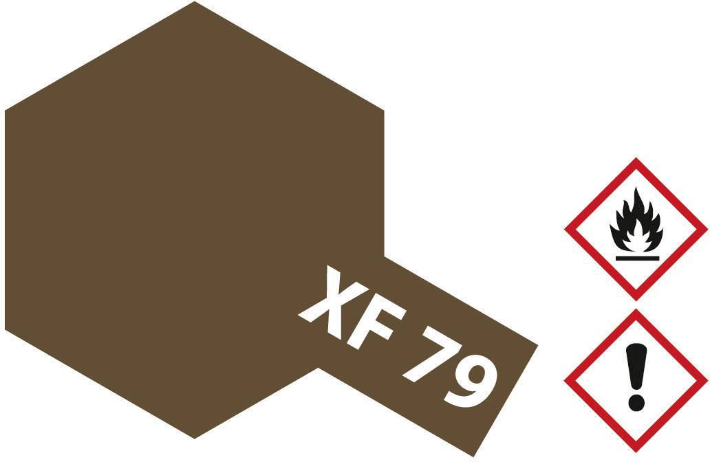 Brown paint tin with the label 'XF 79'. Next to it are two hazard symbols: flammable substance and caution.