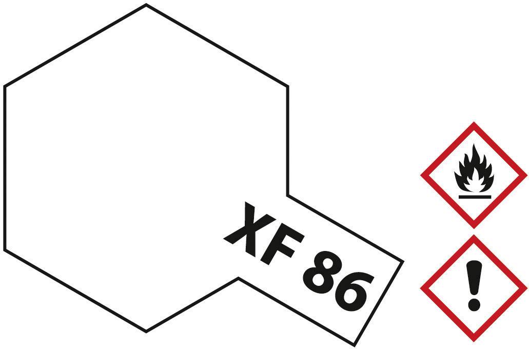 'XF 86' on a hexagonal surface. Right: Hazard symbols for 'Flammable' and 'Caution'.