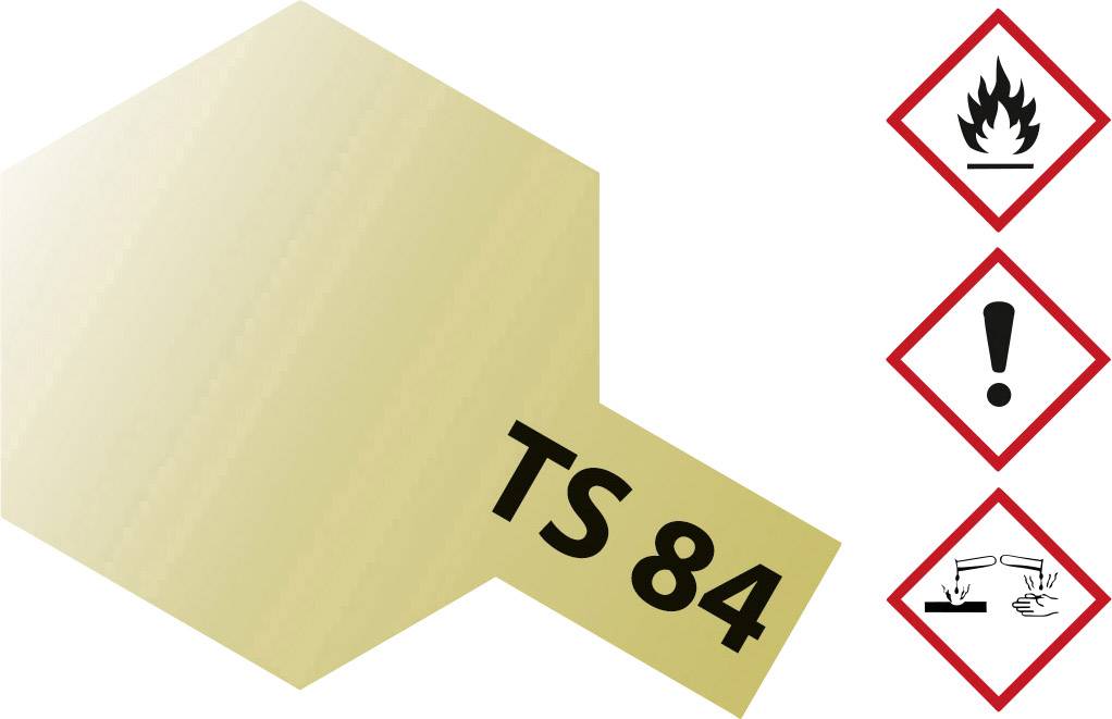 Beige surface with black text 'TS 84'. Next to it three hazard symbols: fire, exclamation mark, corrosive substance.