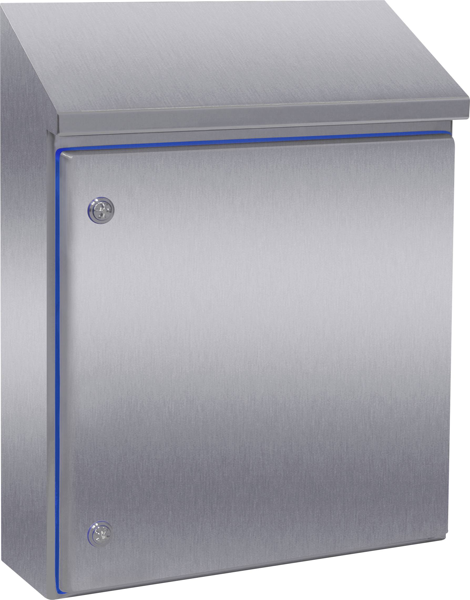 Silver-coloured, modern letterbox made of stainless steel with a blue trim along the edges, mounted on a wall.