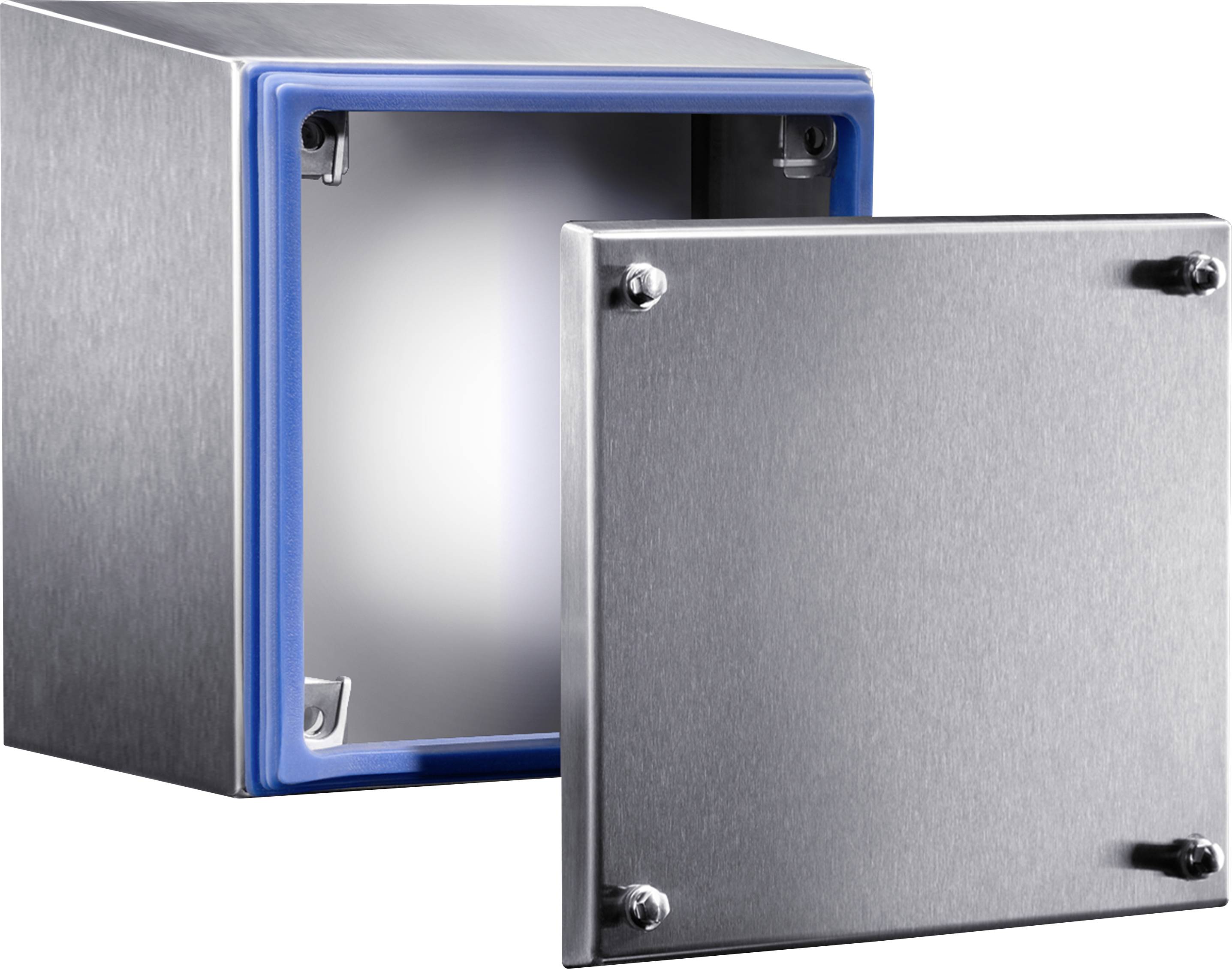 A stainless steel container with an open top and a blue seal, showing an interior view. Suitable for industrial applications and protection of electronic components.