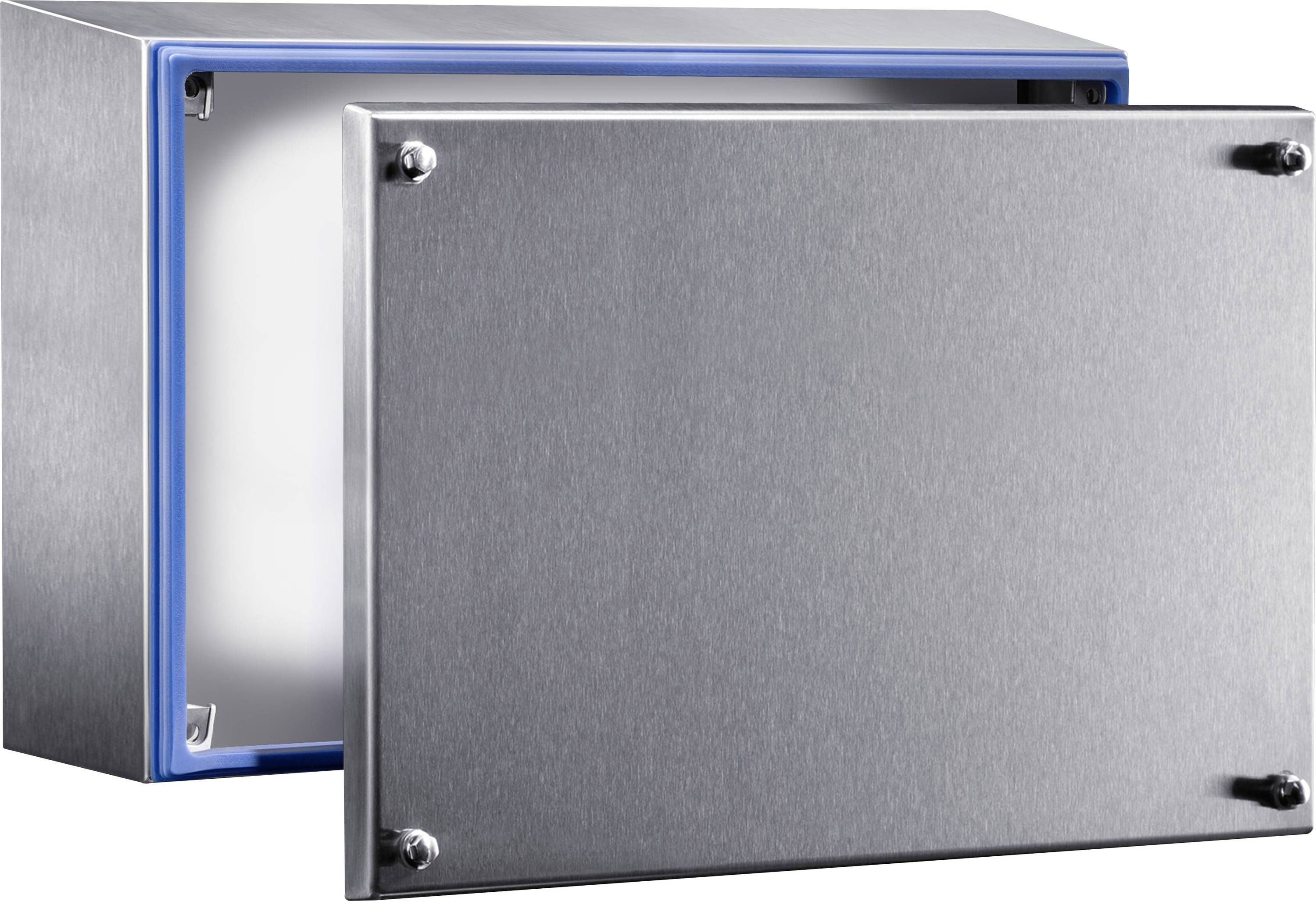 An opened metal enclosure with a blue seal and a removable front cover. The interior is empty and reveals a smooth surface.