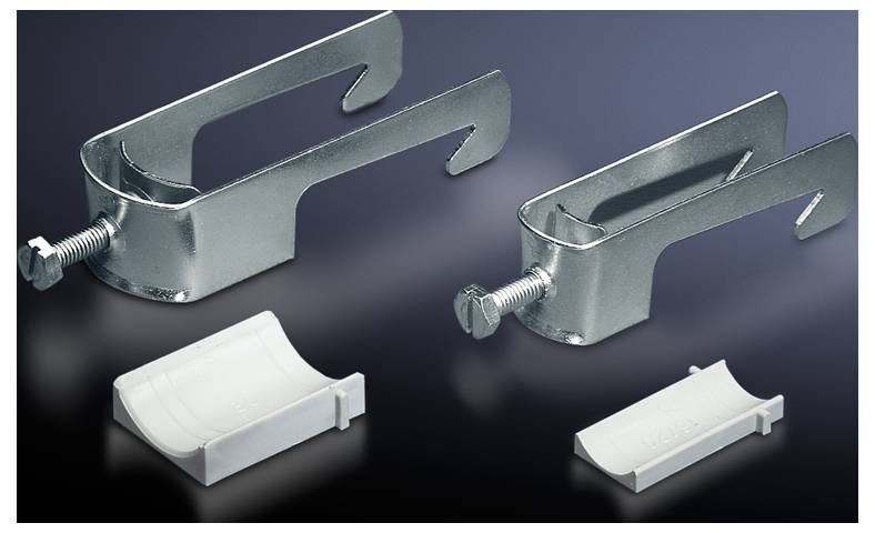 Two metal cable mounting brackets with screws and plastic inserts, on a black background, for securing cables.