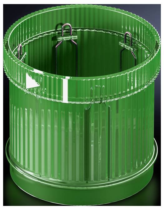 Green, cylindrical metal waste bin with a ribbed design, empty and set against a dark background.
