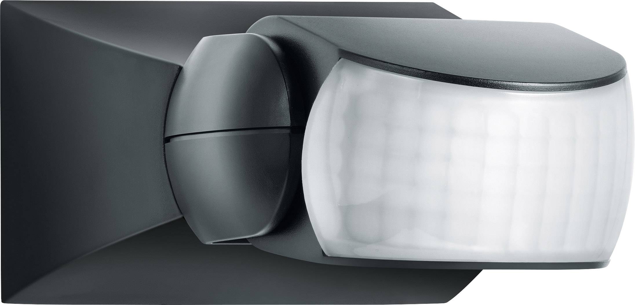 Black motion sensor with a rounded, rectangular sensor surface, for detecting movement and automatic light control.