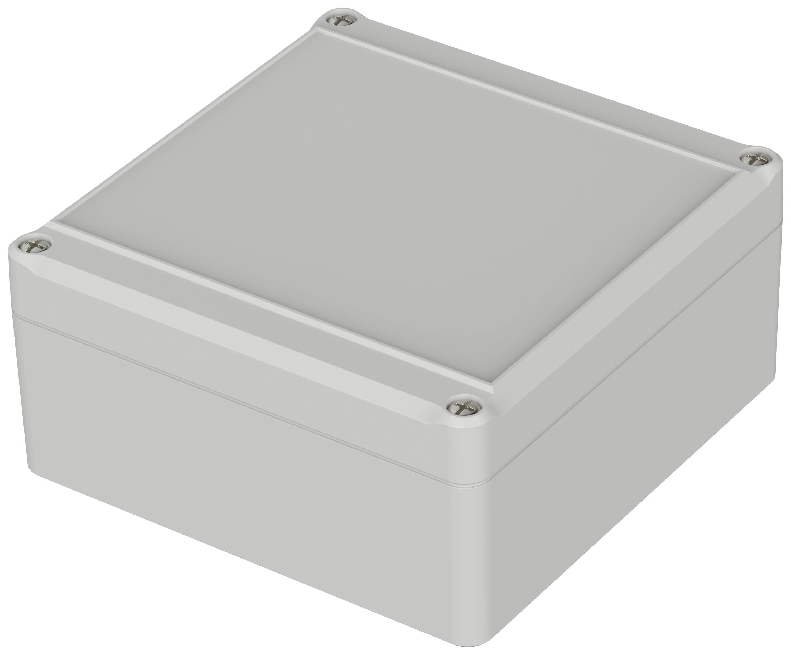 Rectangular grey enclosure with screws at the corners, suitable for electronic components.