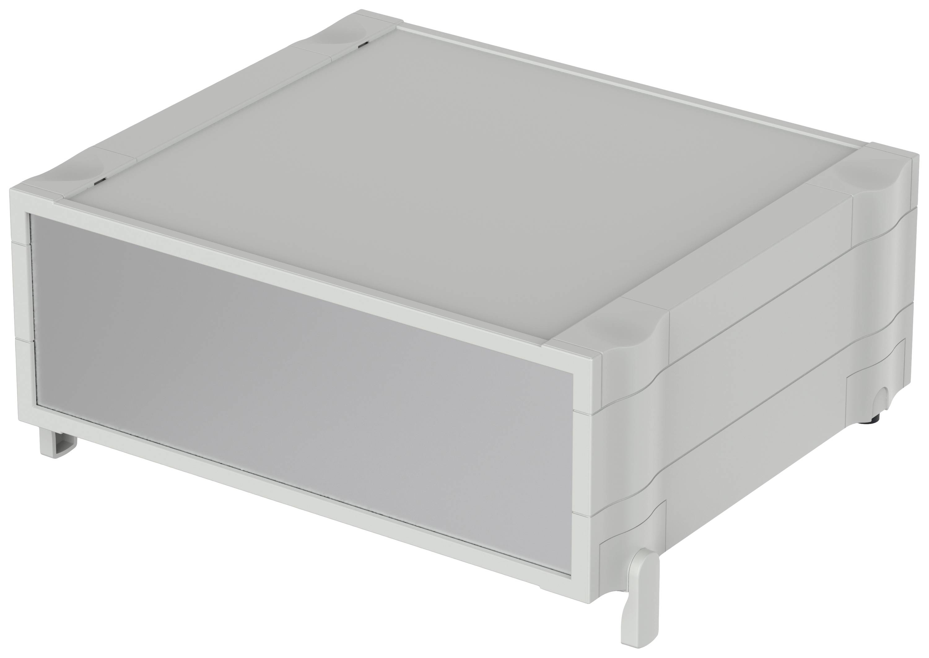 A grey, rectangular plastic housing with rounded corners, standing on sturdy feet.