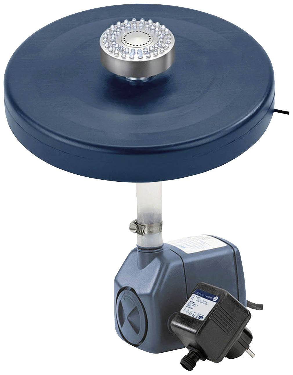 A blue water fountain with a pump and plug-in power supply, suitable for pond aeration. The key feature is the round sprinkler attachment.
