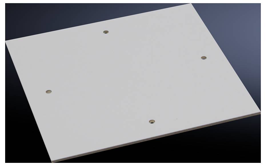 A white, square panel with four evenly distributed holes, resting on a dark background.