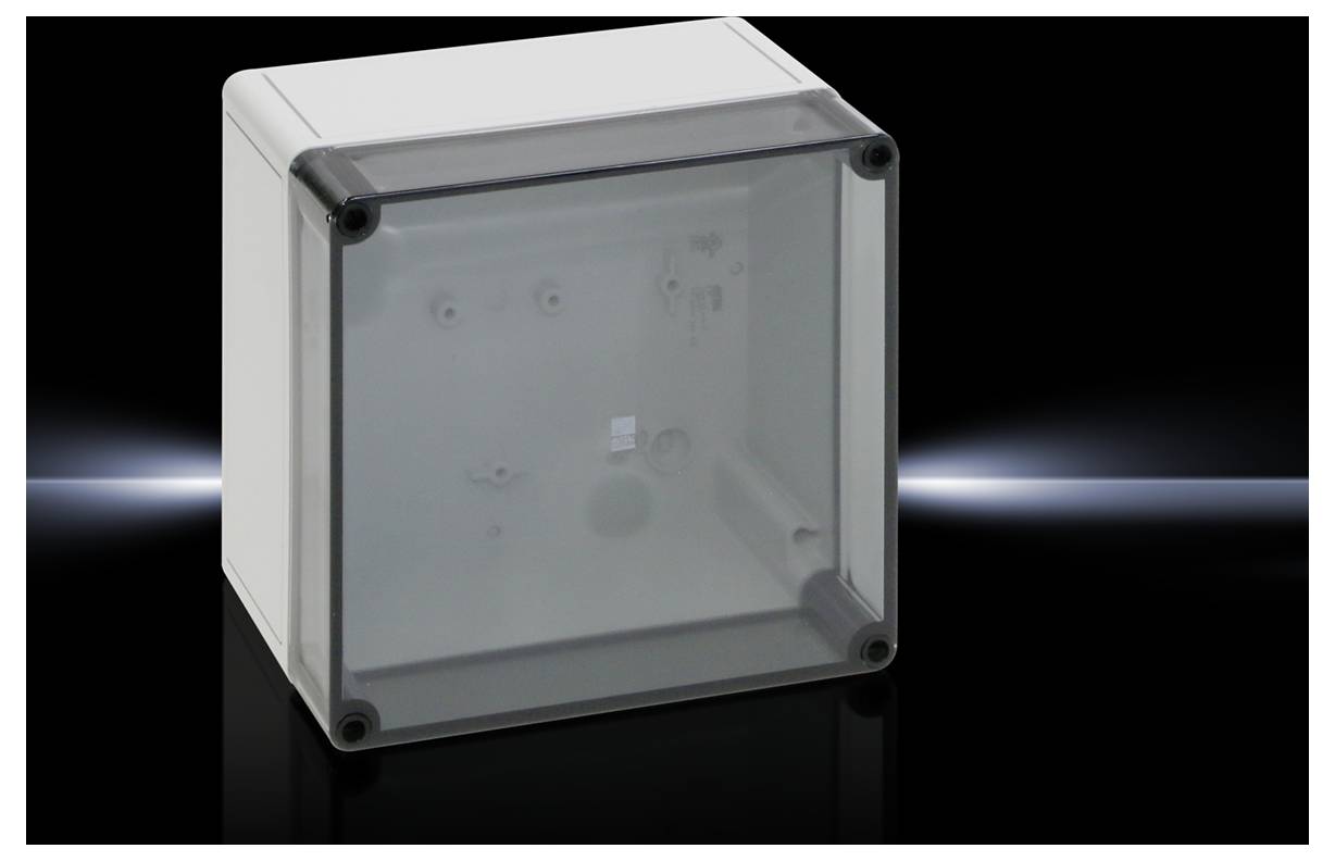 Grey-translucent plastic box with a square shape, placed on a glossy black surface with light reflection.