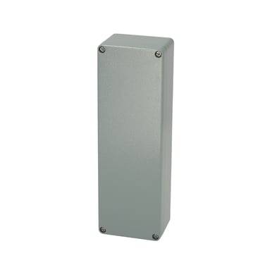 A rectangular, grey metal enclosure with screws in the corners.