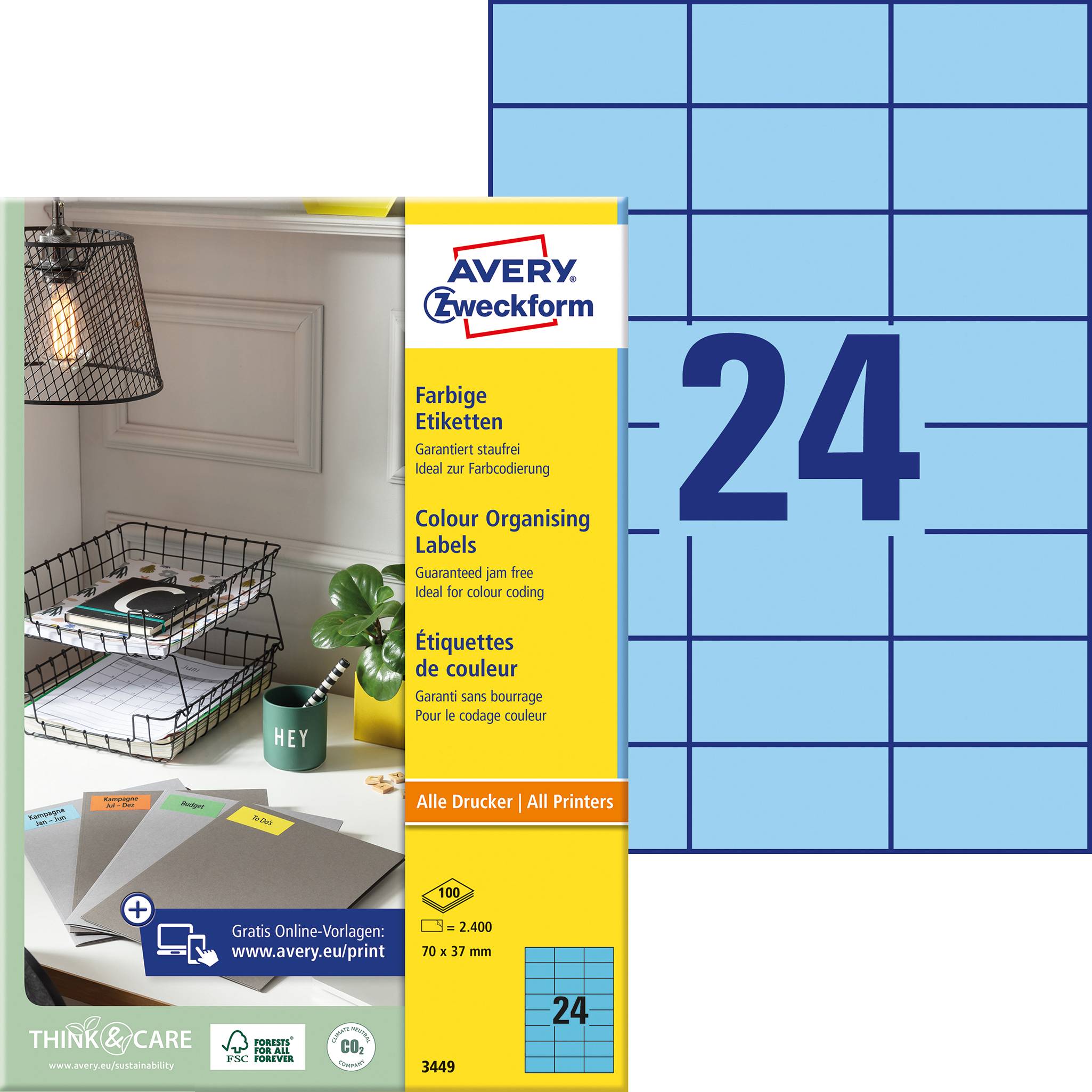 Pack of Avery Zweckform coloured labels, 24 per sheet, suitable for printing. Label designs shown on packaging.