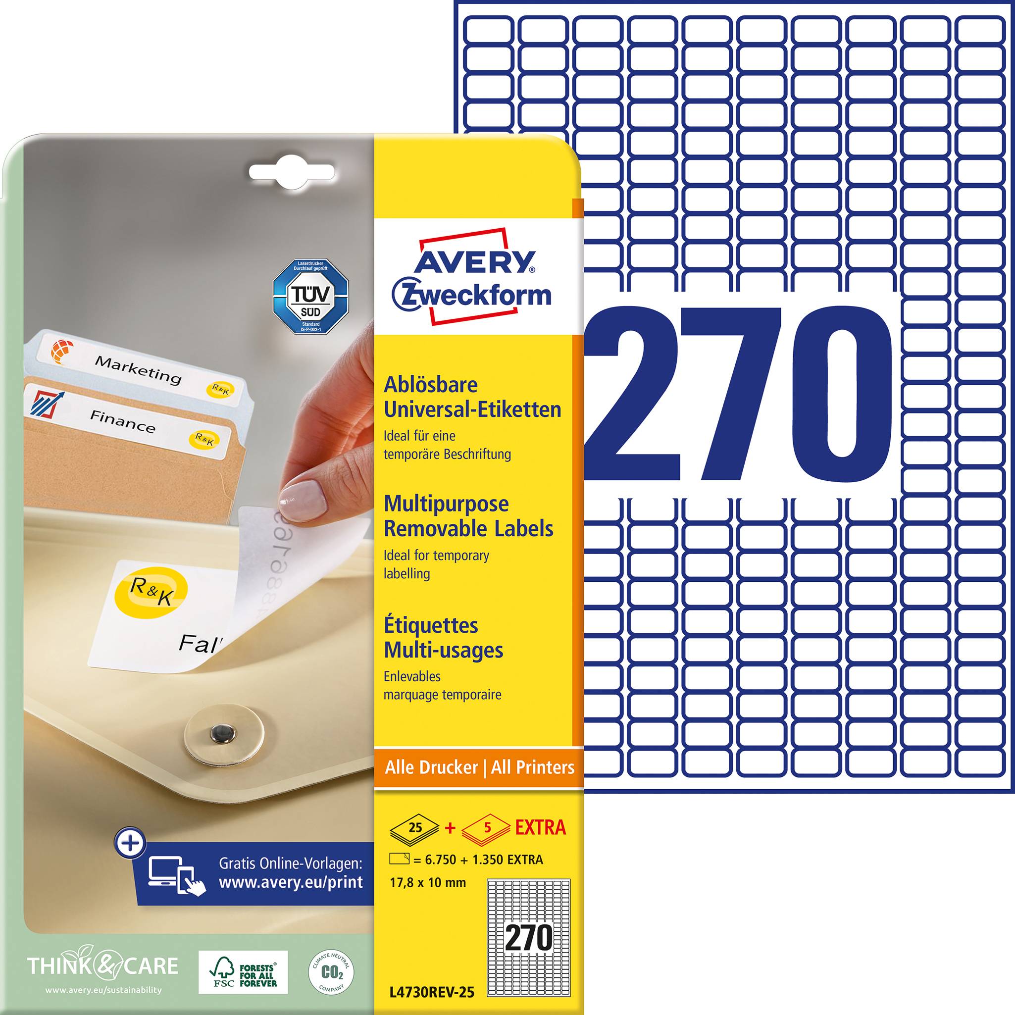 Packaging for Avery Zweckform removable universal labels. Contains 270 labels, suitable for all printers. Ideal for temporary labelling.