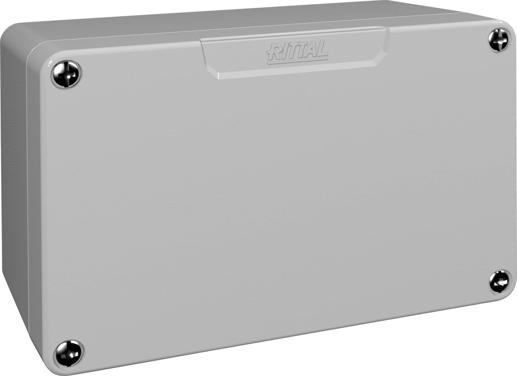 A grey rectangular enclosure with rounded edges and four screws at the corners.