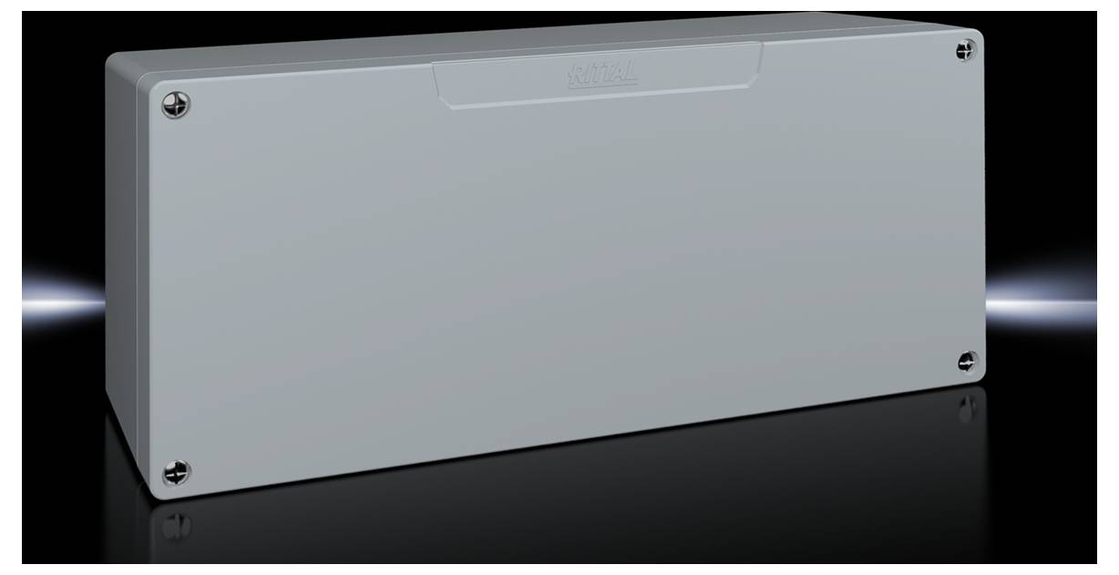 Grey rectangular enclosure, presumably for electronic components, with four visible screws at the corners.