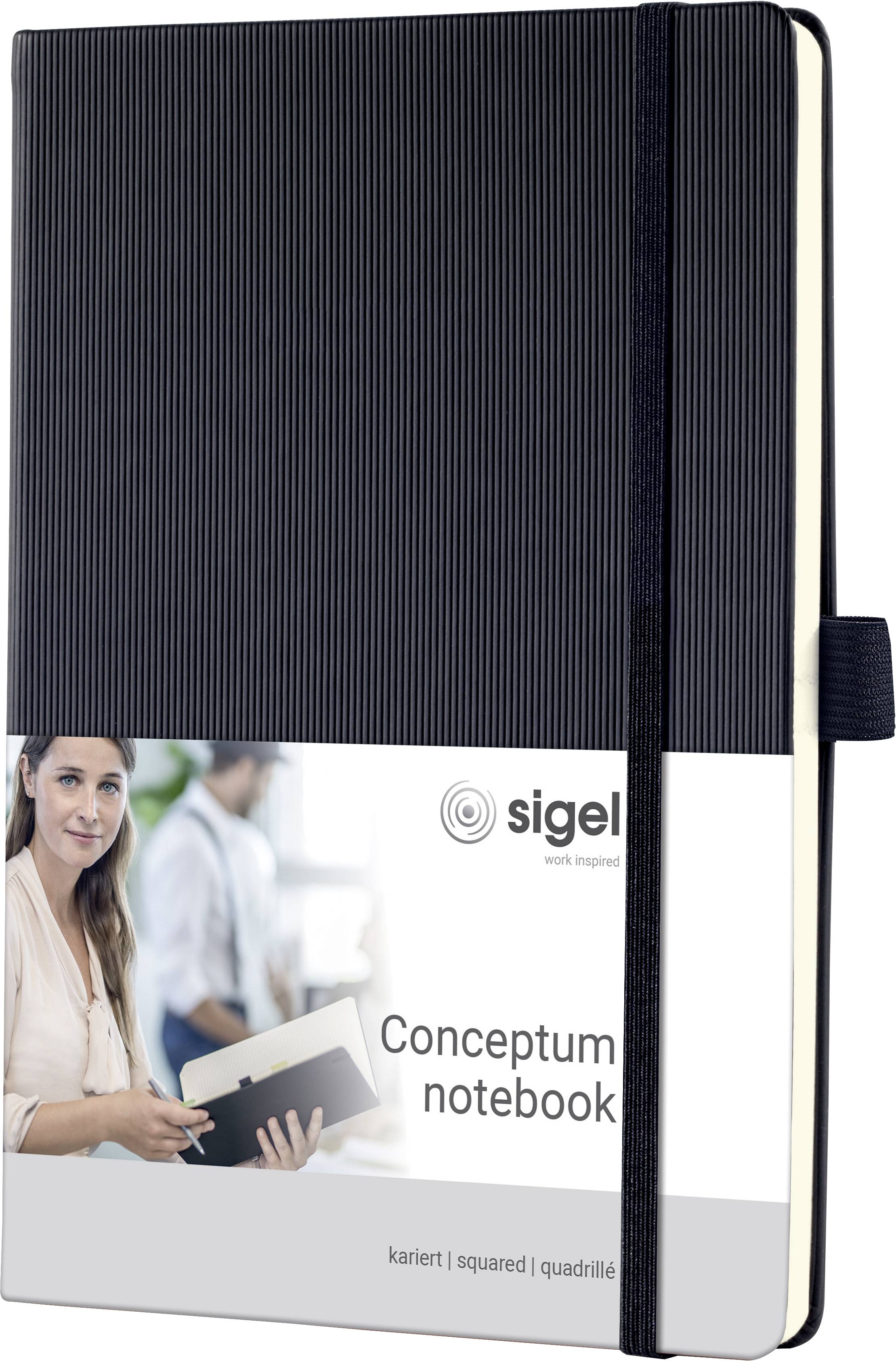 Black notebook by Sigel, with an elastic closure and removable label featuring a person with a notebook, text reading 'Conceptum notebook'.
