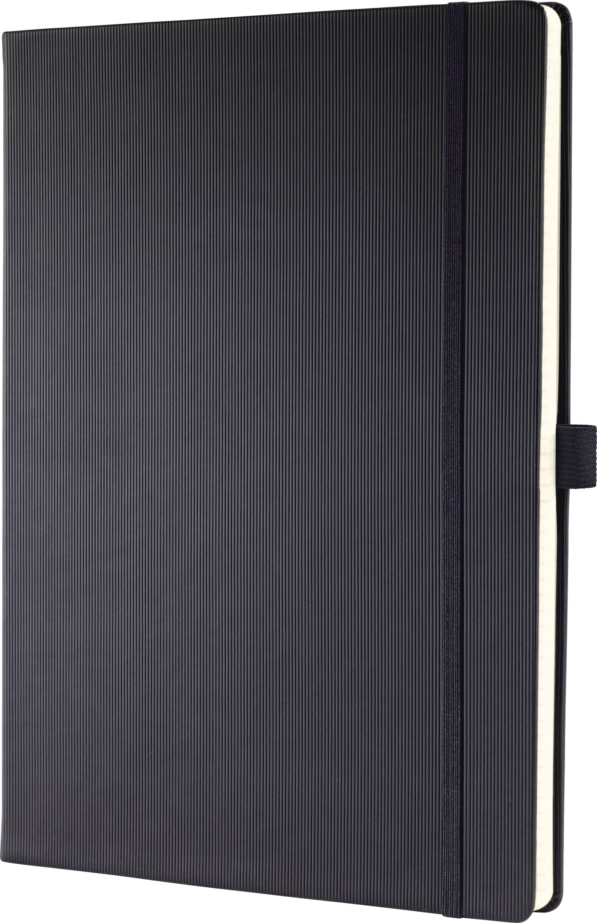 Notebook with a black cover. On the cover it reads 'sigel Conceptum notebook', next to an image of a woman holding a notebook.