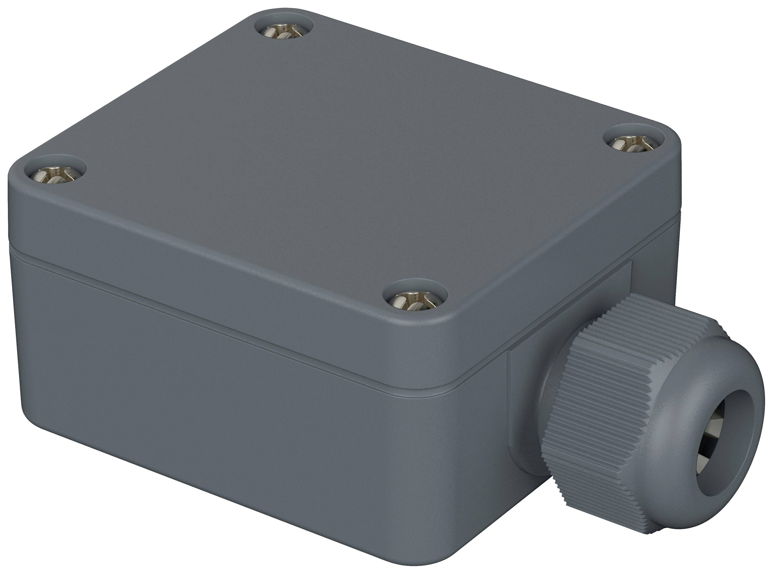 A square, grey plastic enclosure with rounded corners and metallic screws at each corner. On the right is a cable gland.
