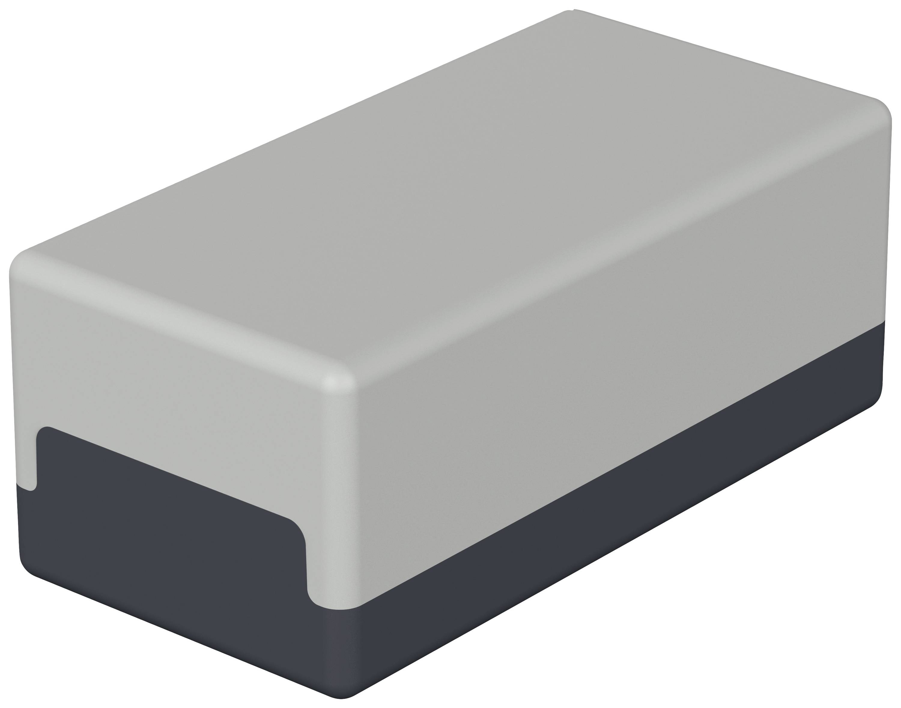 A rectangular, two-coloured rubber eraser; upper half grey, lower half dark blue.