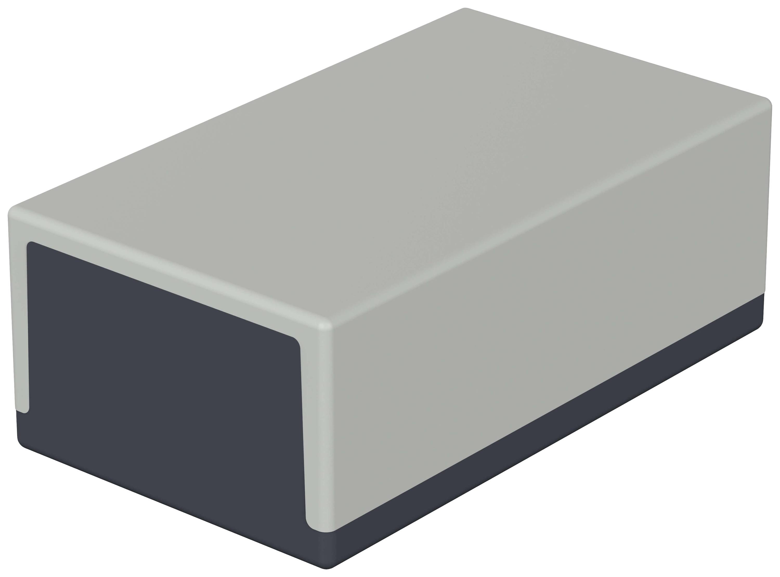 Grey, rectangular, closed box, with a darker grey side panel, set against a light background.
