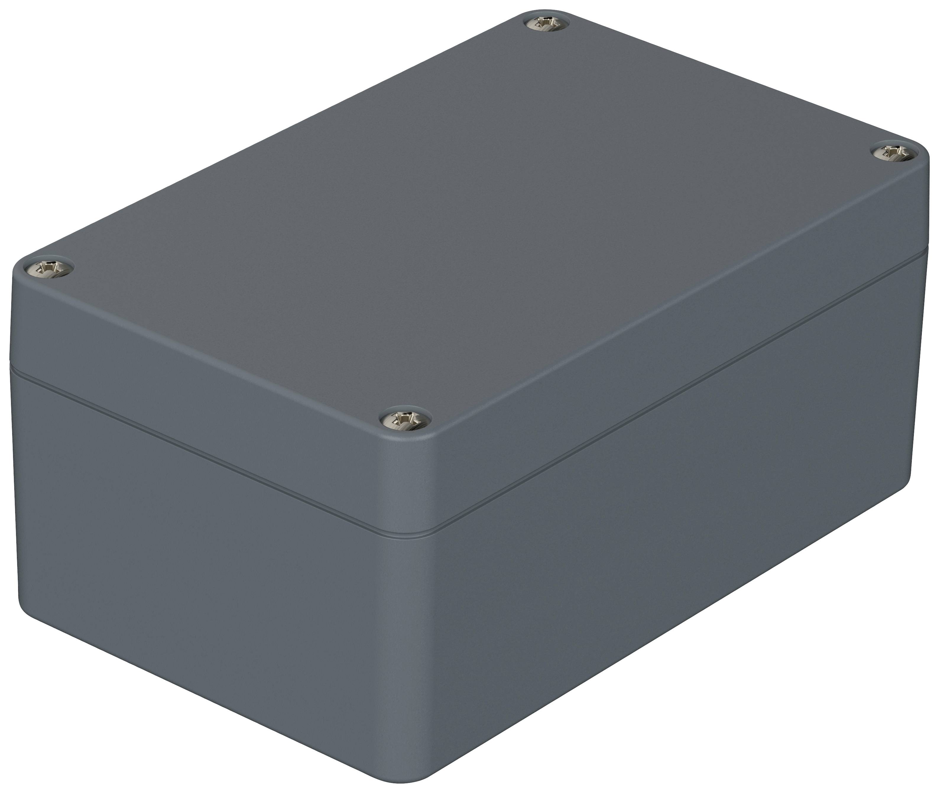 Rectangular, dark grey enclosure with four screws at the corners.