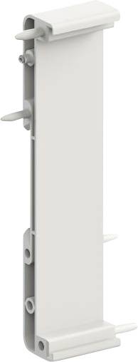 A white, vertical plastic component with mounting elements on its sides.