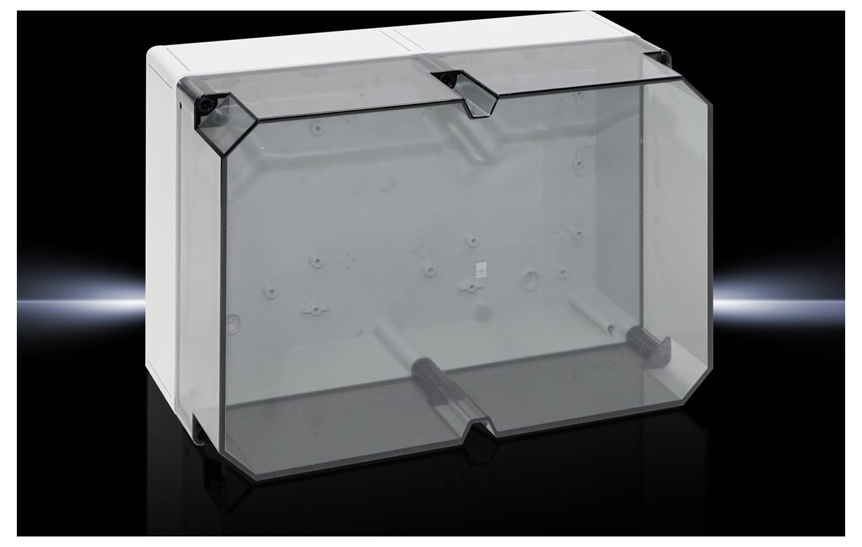 A rectangular, transparent plastic enclosure with a grey border on a glossy black background. Suitable for protecting electronic components.