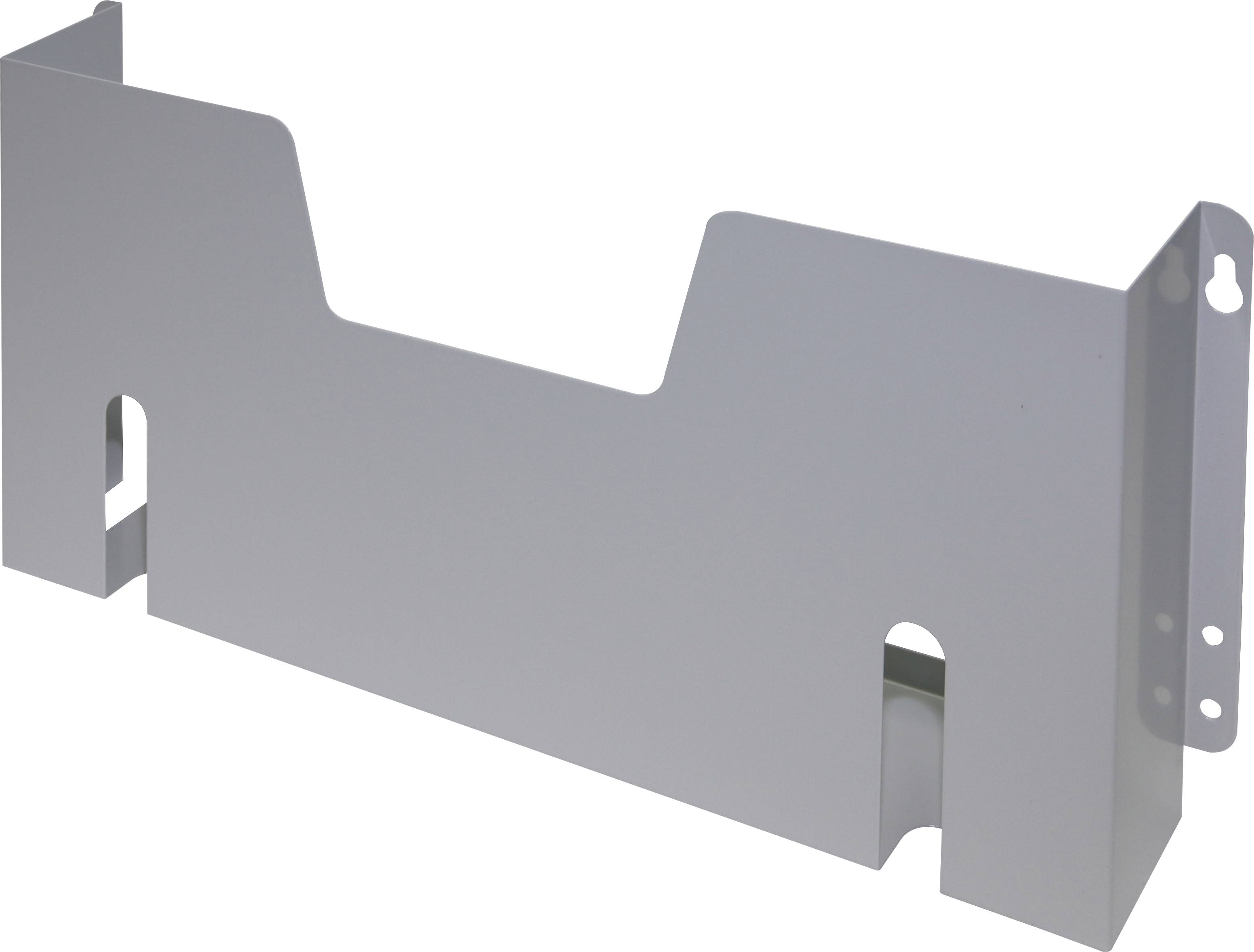 Grey, rectangular metal piece with recesses and holes for fixing to a surface.