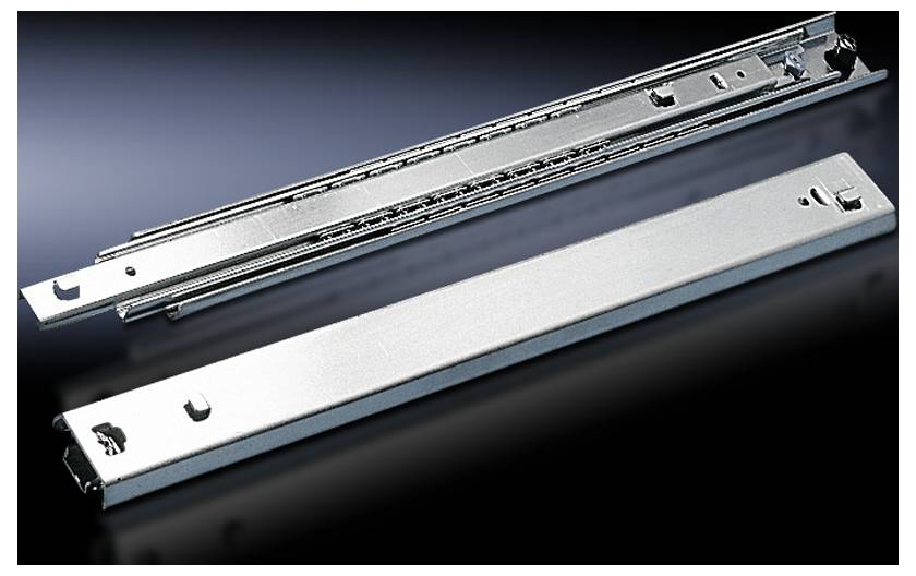 Two metal rails of different lengths on a dark background, possibly components of a drawer system.