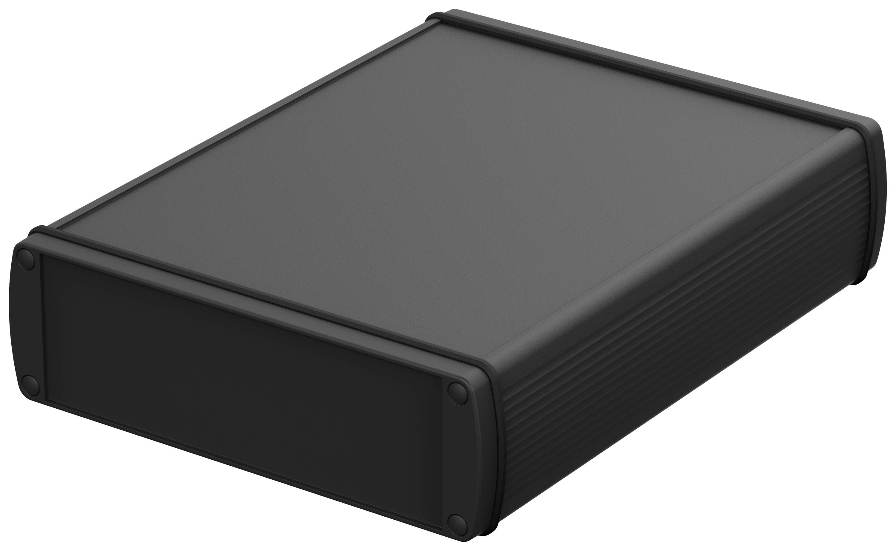 Black rectangular enclosure, similar to an external hard drive case, with rounded corners and a ribbed surface.