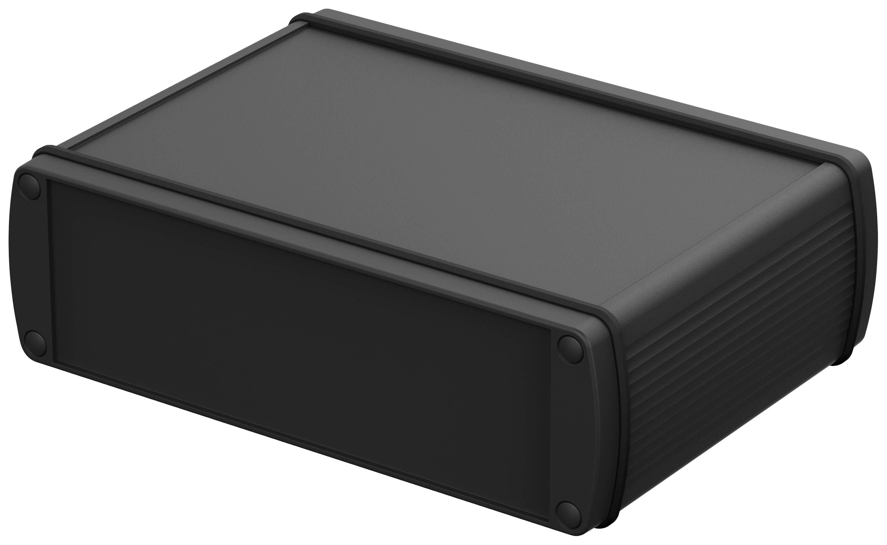 Black, rectangular electronic enclosure with smooth surfaces and rounded edges.