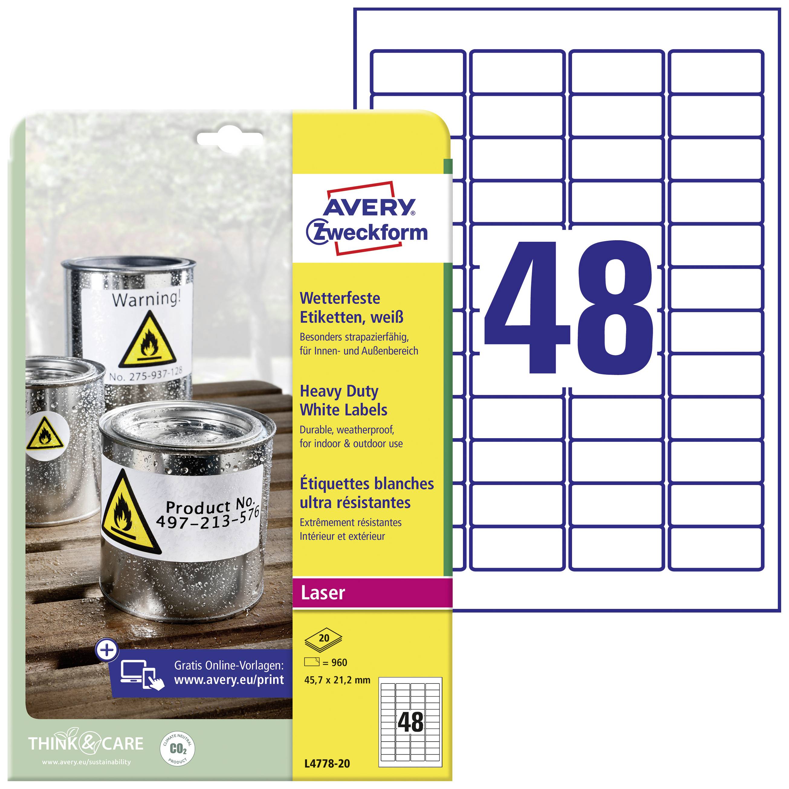 'AVERY Zweckform' weatherproof, white labels for laser printing, with warning symbols and product number. Contains 48 labels.