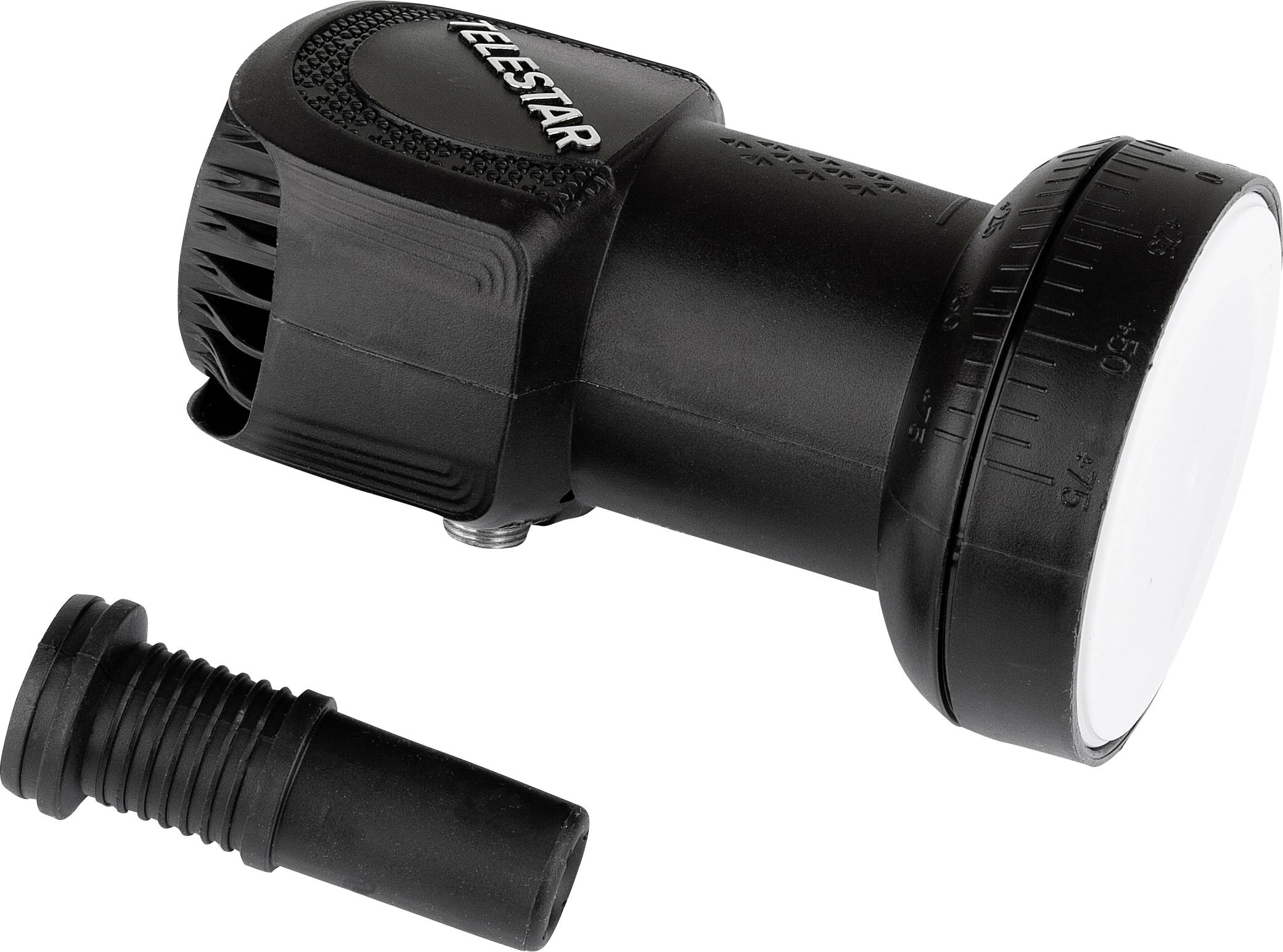 Satellite LNB with an angled cylindrical housing and a removable, ribbed connector beside it, on a white background.