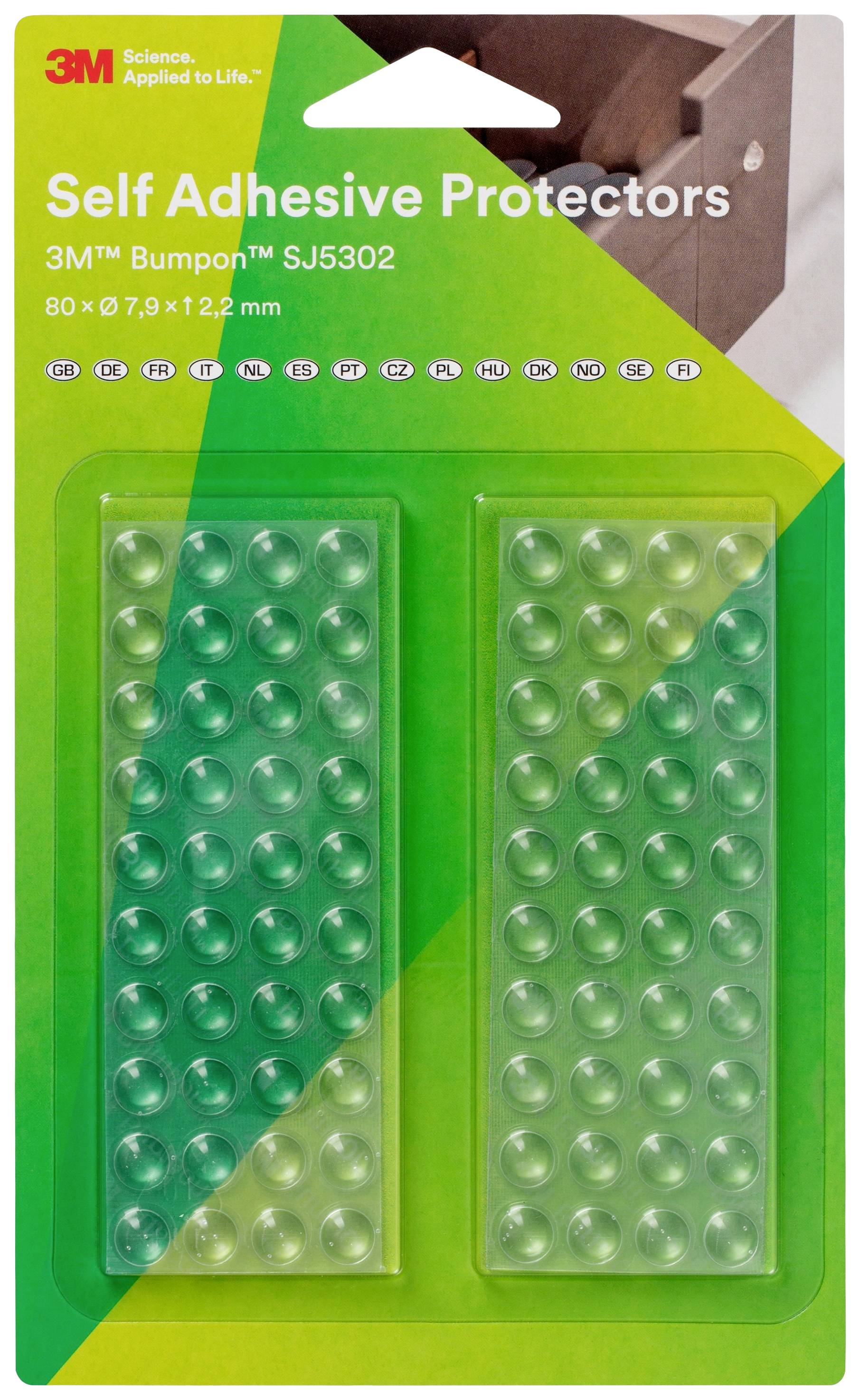 Packaging for Self-Adhesive Protective Buffers, 3M Bumpon SJ5302, 80 Pieces, Size 7.9 x 1.2 mm, with an application photo on top.