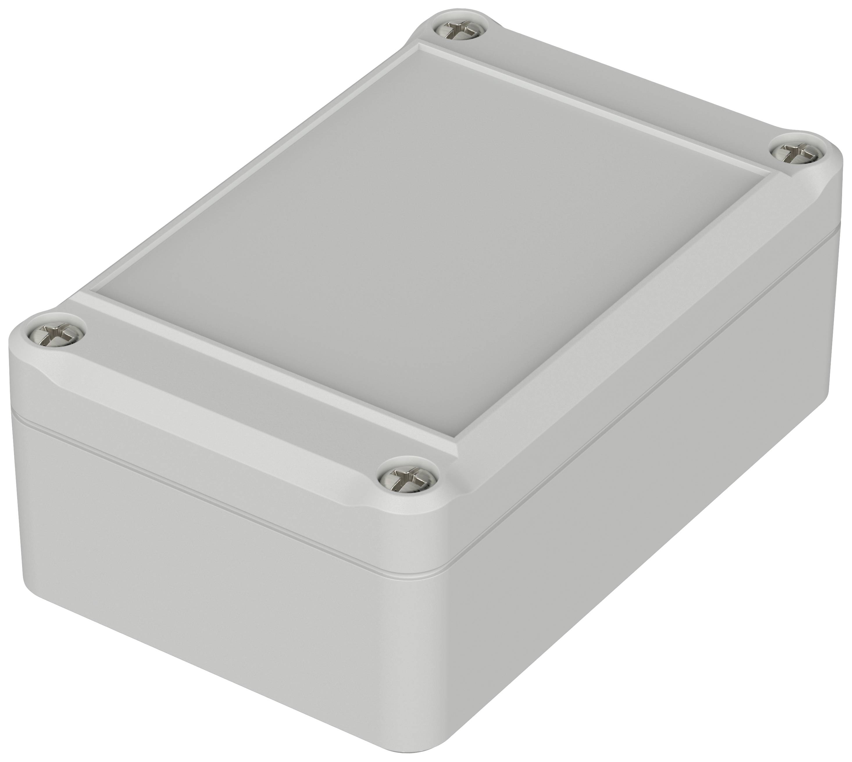A rectangular, grey enclosure with rounded edges and screws at the corners, suitable for protecting electronic components.